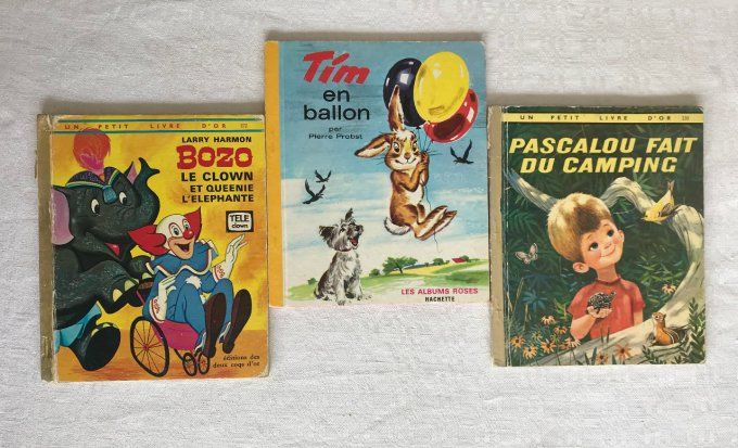 3 livres enfant vintage, Tim en ballon, Pascalou fait du camping et Bozo le clown