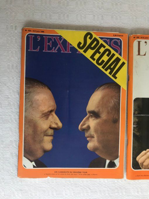 3 Magazines L'EXPRESS, N°934 Élection Pompidou 1969, N°935 Élection Poher 1969, N° 1393 Giscard 1978