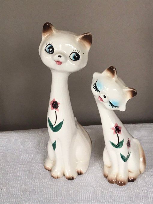 Couple de chats au long cou, en céramique, vintage