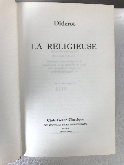 Livre La religieuse, Diderot, Éditions de la Renaissance, numéroté