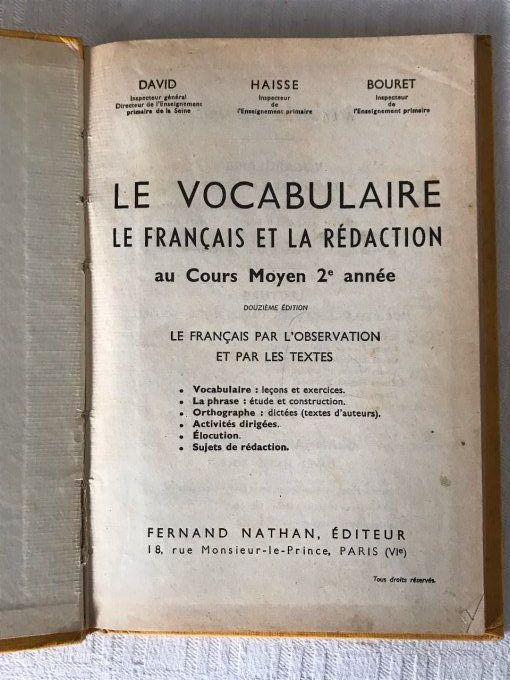 Le vocabulaire le français et la rédaction, Cours Moyen 2ème année, Fernand Nathan, Années 50
