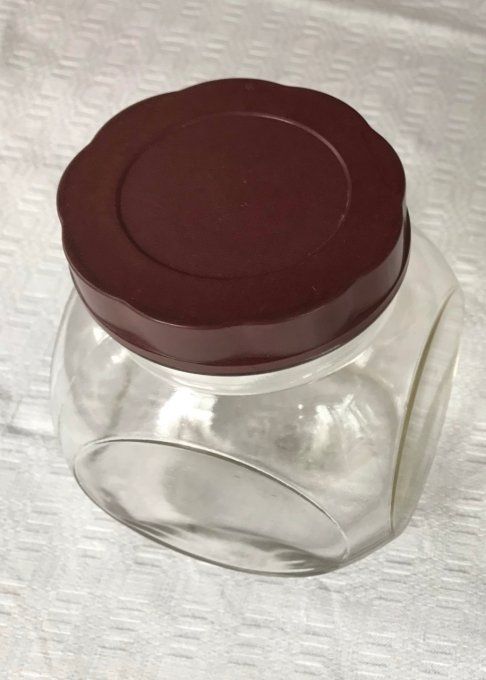 Bocal ancien d'épicerie, en verre et bakélite