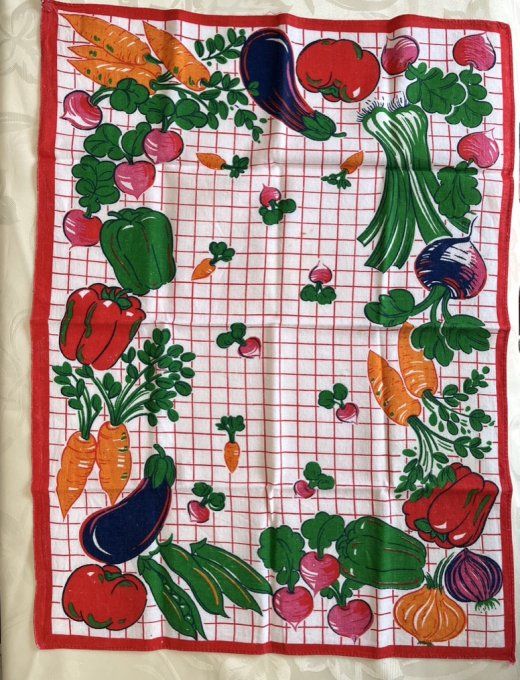 Lot de 3 torchons vintage années 70 - Motifs géométriques et potagers