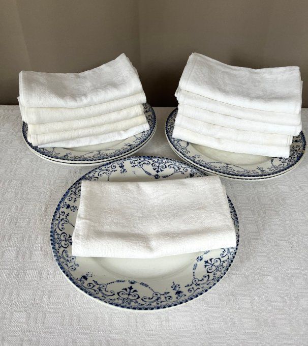 11 serviettes anciennes, beau tissu damassé au décor fleuri