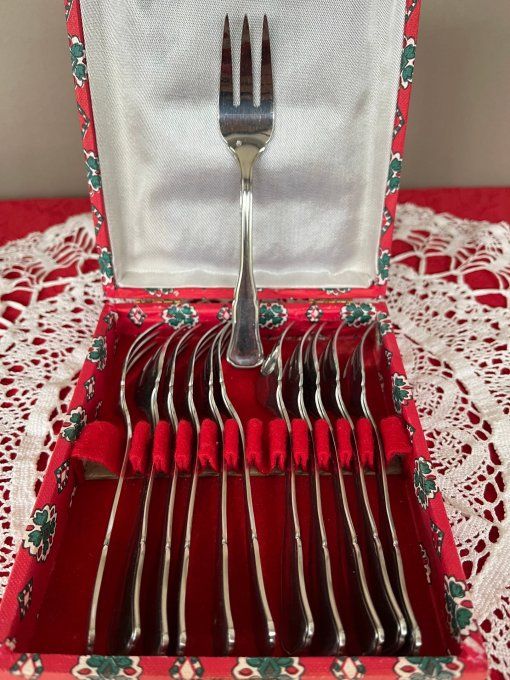 12 fourchettes à dessert vintage en inox – joli coffret – charme d’antan