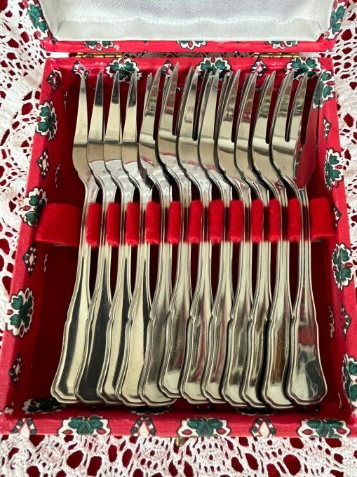 12 fourchettes à dessert vintage en inox – joli coffret – charme d’antan