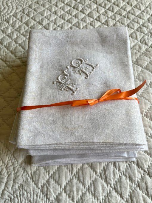 12 serviettes anciennes en tissu damassé, monogramme FR