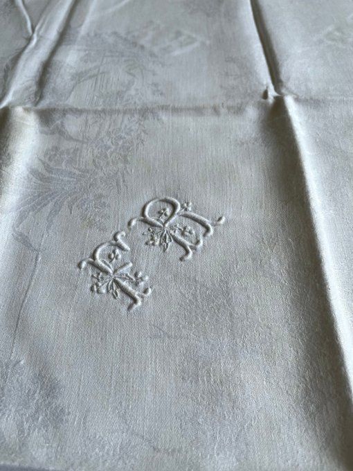 12 serviettes anciennes en tissu damassé, monogramme FR