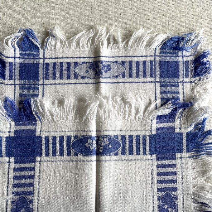 12 Serviettes de tables anciennes, tissu en coton bleu et blanc