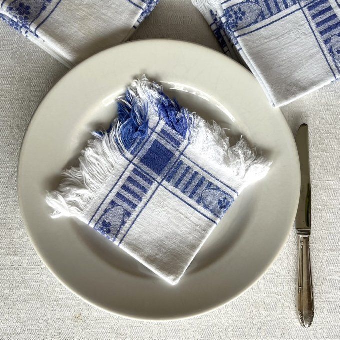 12 Serviettes de tables anciennes, tissu en coton bleu et blanc