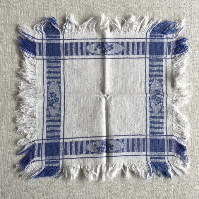 12 Serviettes de tables anciennes, tissu en coton bleu et blanc