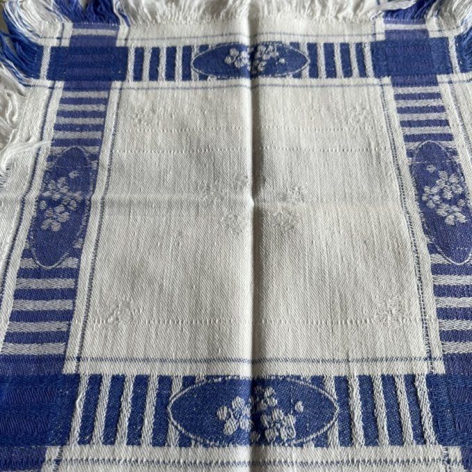 12 Serviettes de tables anciennes, tissu en coton bleu et blanc