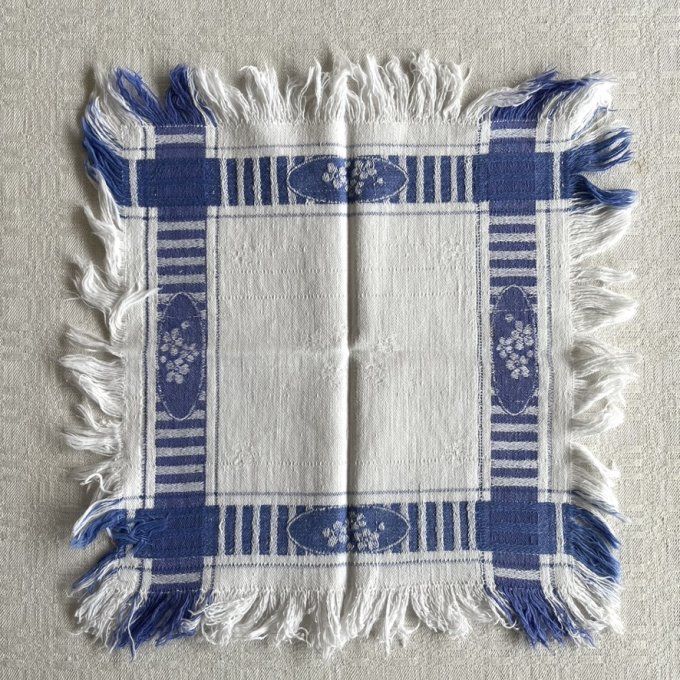 12 Serviettes de tables anciennes, tissu en coton bleu et blanc