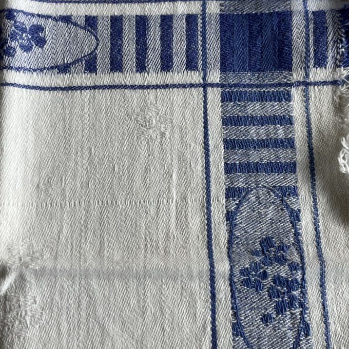 12 Serviettes de tables anciennes, tissu en coton bleu et blanc