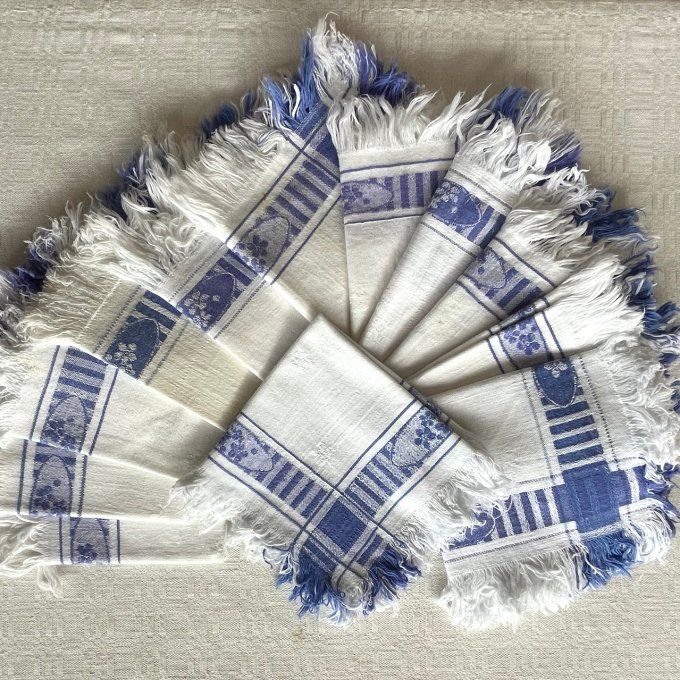 12 Serviettes de tables anciennes, tissu en coton bleu et blanc