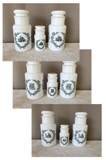 Ensemble de 3 bocaux de type apothicaire en verre d'opale blanc, Vintage, 2 grands et 1 petit 