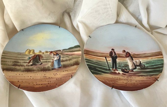 2 assiettes décoratives, reproductions de Millet, par Jean POUYAT, 1890/1920