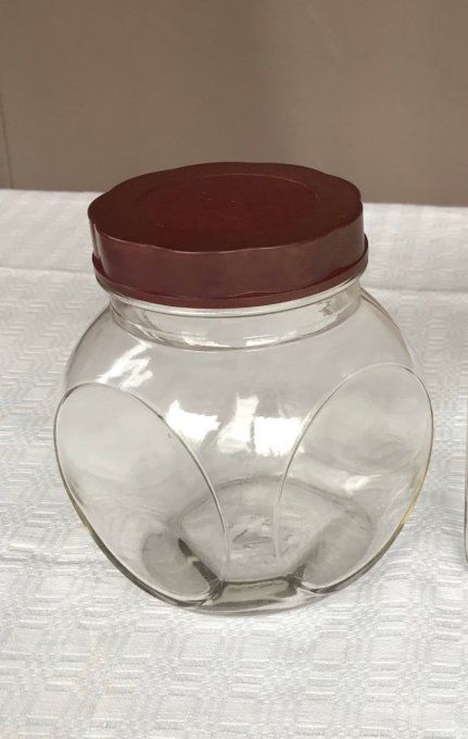Bocal ancien d'épicerie, en verre et bakélite