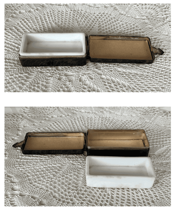 Boîte à savon de voyage ancienne en laiton - Intérieur céramique.