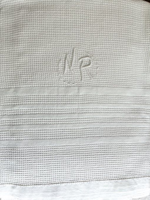 12 Serviettes de toilette blanches, nid d'abeille, brodées NR, Neuves