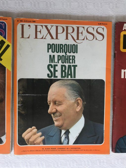 3 Magazines L'EXPRESS, N°934 Élection Pompidou 1969, N°935 Élection Poher 1969, N° 1393 Giscard 1978