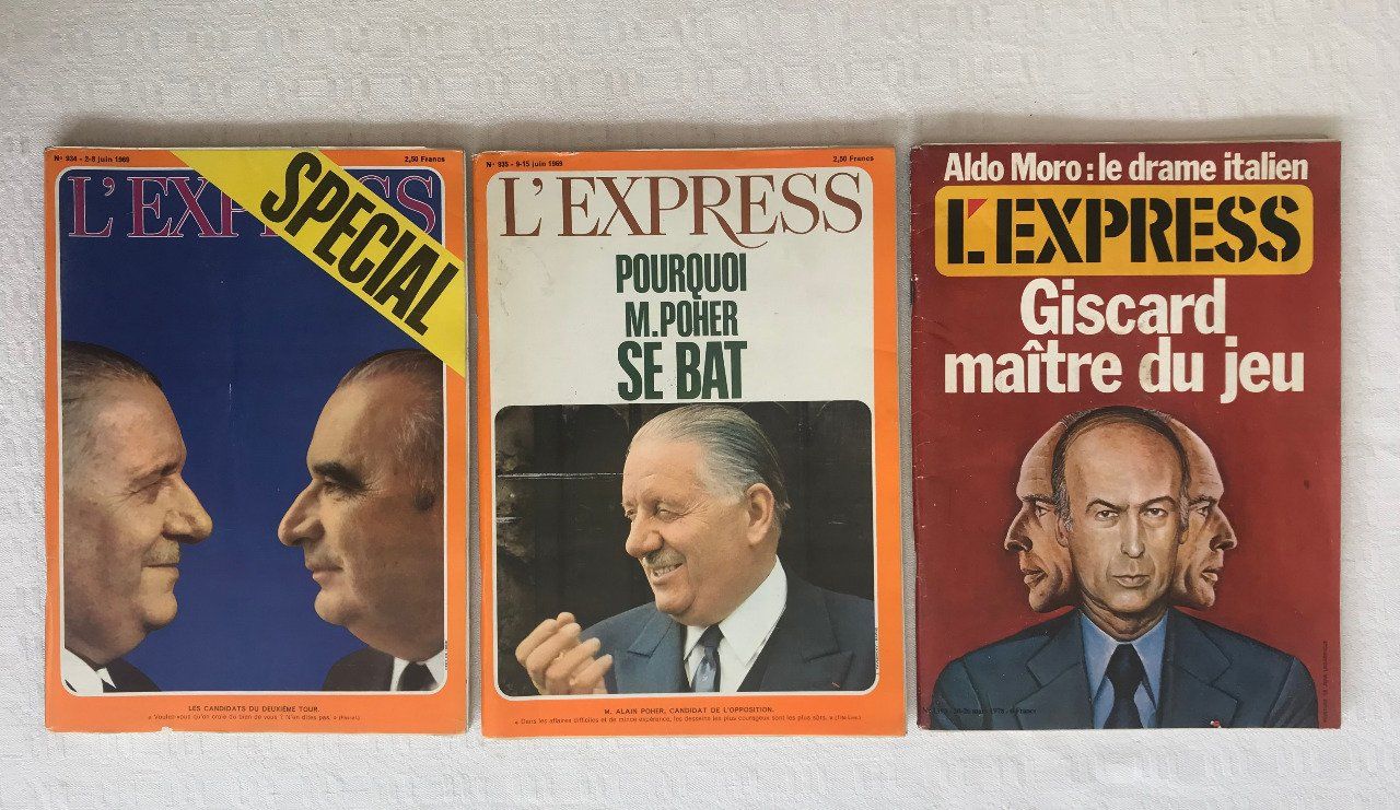 3 Magazines L'EXPRESS, N°934 Élection Pompidou 1969, N°935 Élection Poher 1969, N° 1393 Giscard 1978