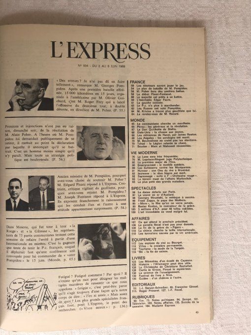 3 Magazines L'EXPRESS, N°934 Élection Pompidou 1969, N°935 Élection Poher 1969, N° 1393 Giscard 1978