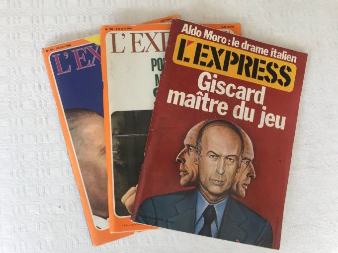 3 Magazines L'EXPRESS, N°934 Élection Pompidou 1969, N°935 Élection Poher 1969, N° 1393 Giscard 1978