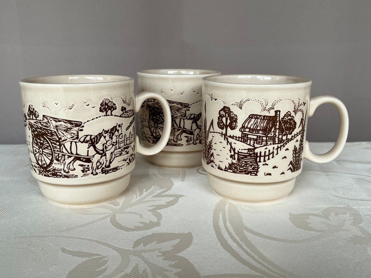 3 mugs vintage à décors campagnard, signé Kilncraft STL England