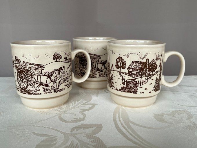 3 mugs vintage à décors campagnard, signé Kilncraft STL England