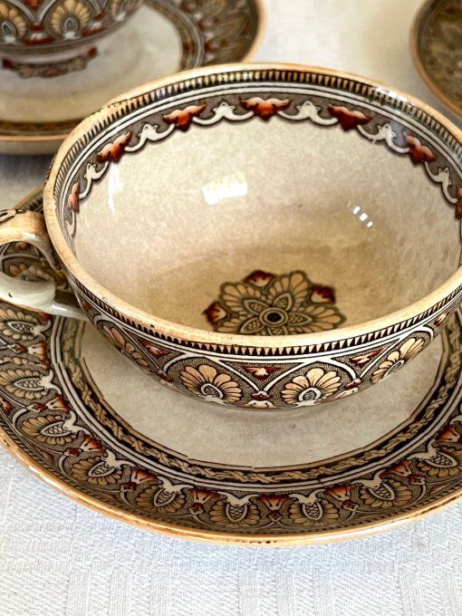 3 Tasses et sous tasses en faïence fine Bates Elliott & Co, Décor Grecian Border, XIXe siècle
