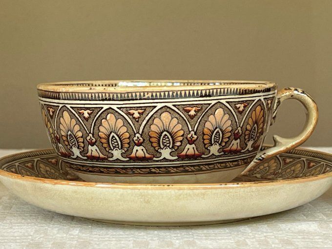 3 Tasses et sous tasses en faïence fine Bates Elliott & Co, Décor Grecian Border, XIXe siècle