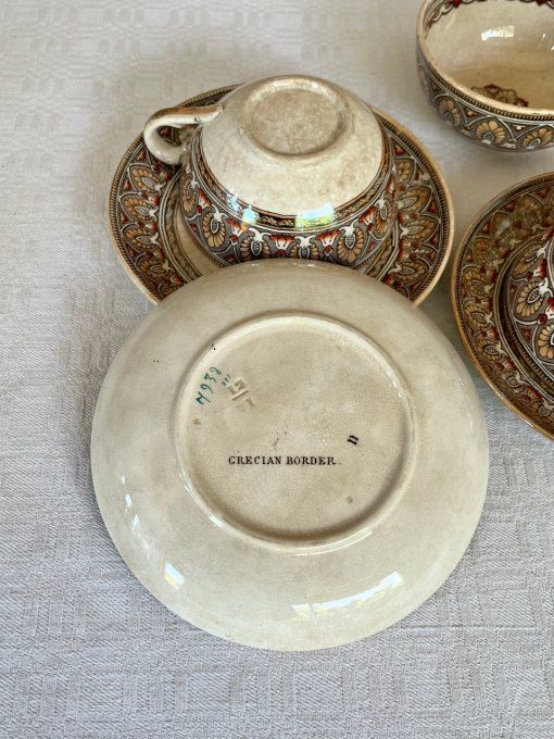 3 Tasses et sous tasses en faïence fine Bates Elliott & Co, Décor Grecian Border, XIXe siècle