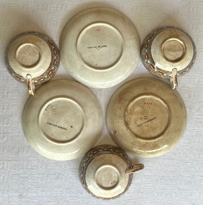 3 Tasses et sous tasses en faïence fine Bates Elliott & Co, Décor Grecian Border, XIXe siècle