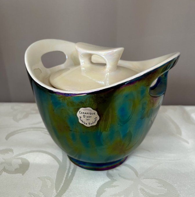 Pot à tabac ou vide poche en céramique irisée Denicotea – France, années 50/60