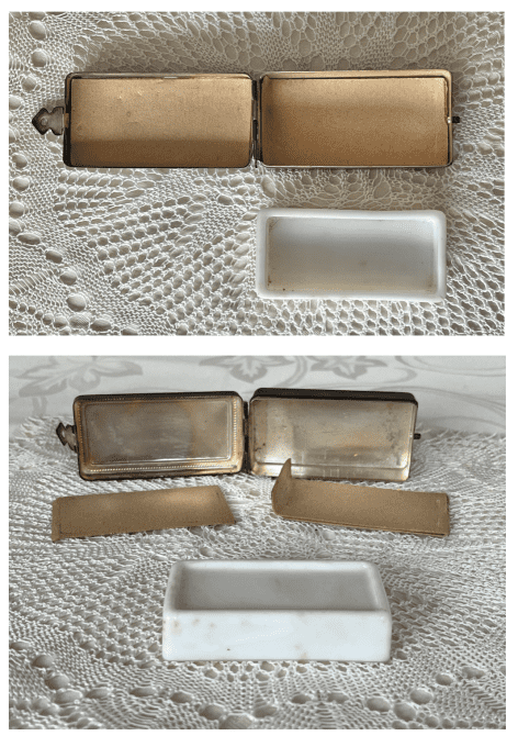 Boîte à savon de voyage ancienne en laiton - Intérieur céramique.