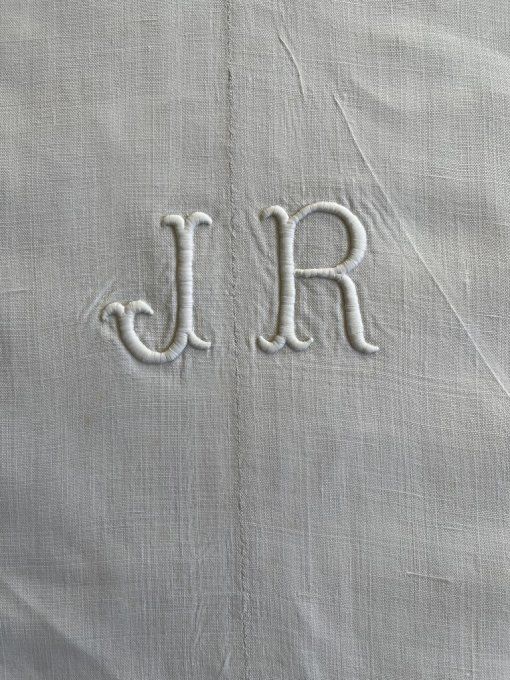 Drap en lin, très grande dimension, Monogramme JR 