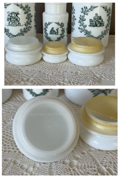 Ensemble de 3 bocaux de type apothicaire en verre d'opale blanc, Vintage, 2 grands et 1 petit 