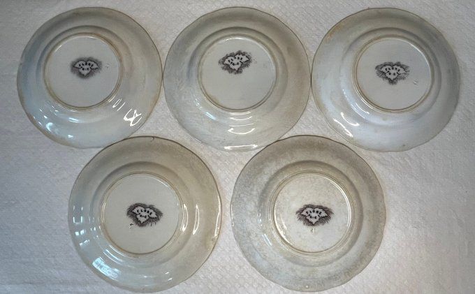 5 Assiettes anciennes en terre de fer, décor floral, Flore, U et C, Sarreguemines, 19ème siècle