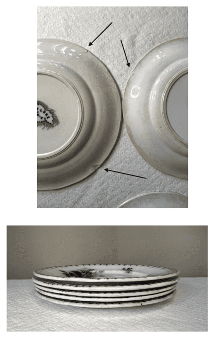 5 Assiettes anciennes en terre de fer, décor floral, Flore, U et C, Sarreguemines, 19ème siècle