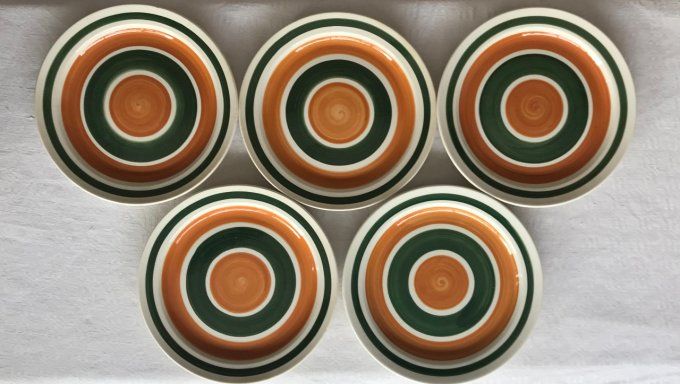 5 Assiettes plates de Gien, Décor géométrique, Vintage,orange