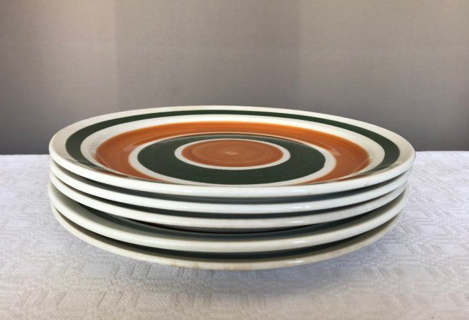 5 Assiettes plates de Gien, Décor géométrique, Vintage,orange