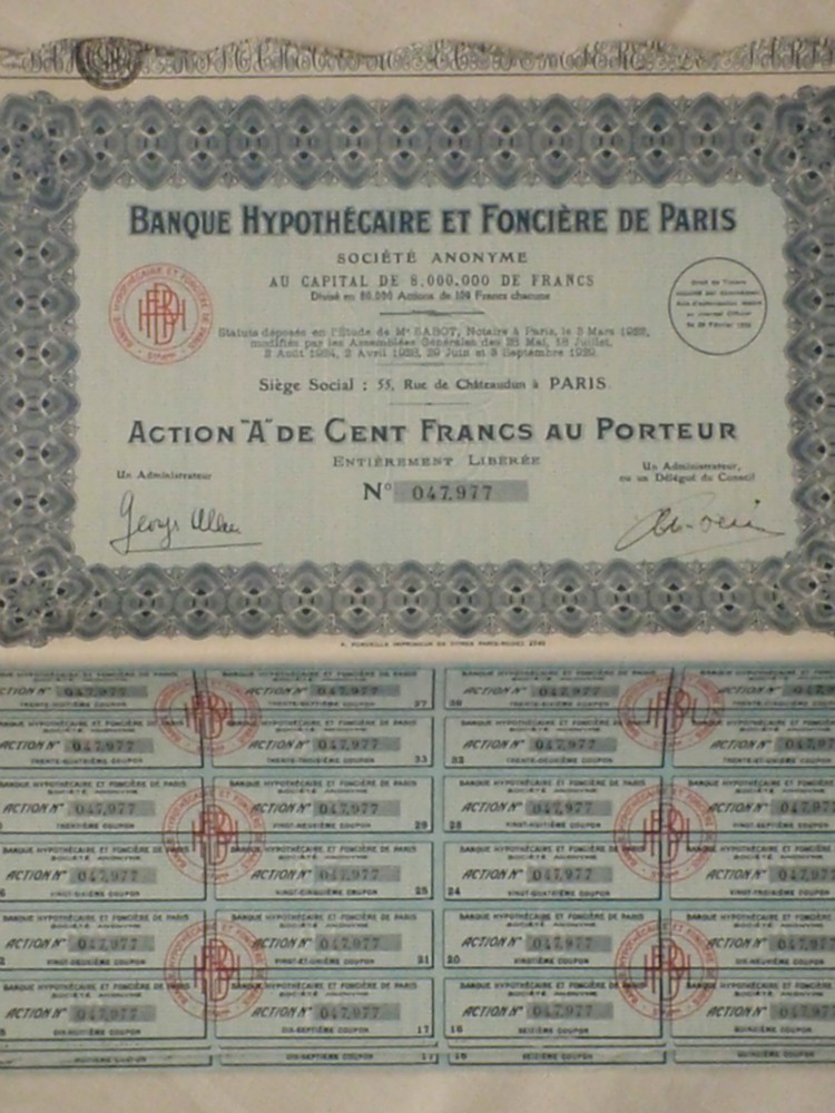 15 Actions Banque hypothécaire et foncière Paris