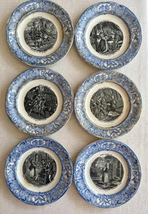 6 Assiettes parlantes anciennes,  "Histoire de Jeanne d'Arc"  porcelaine de Gien