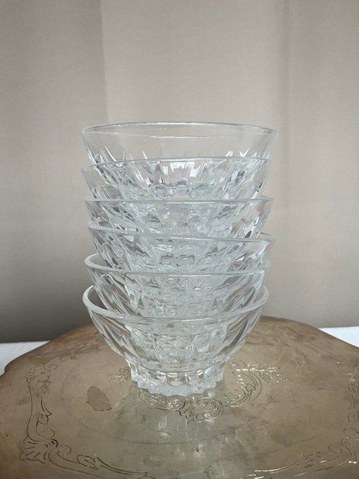 6 Coupelles à fruits, à dessert en cristal taillé d'Arques, vintage