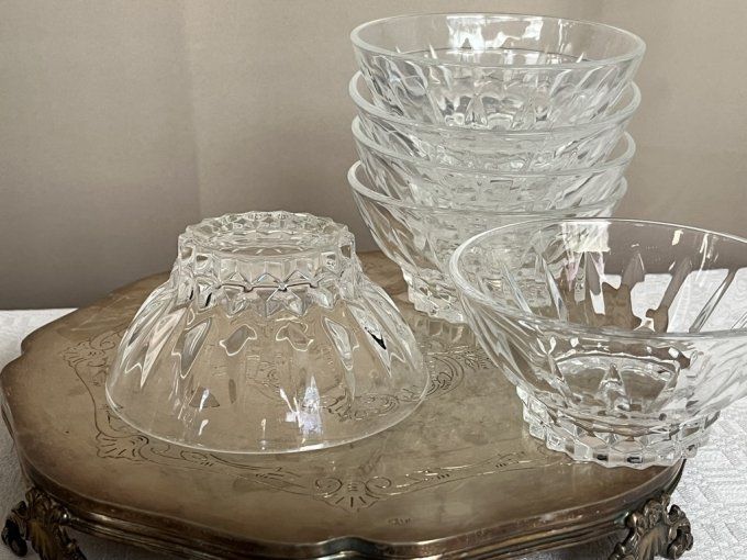6 Coupelles à fruits, à dessert en cristal taillé d'Arques, vintage