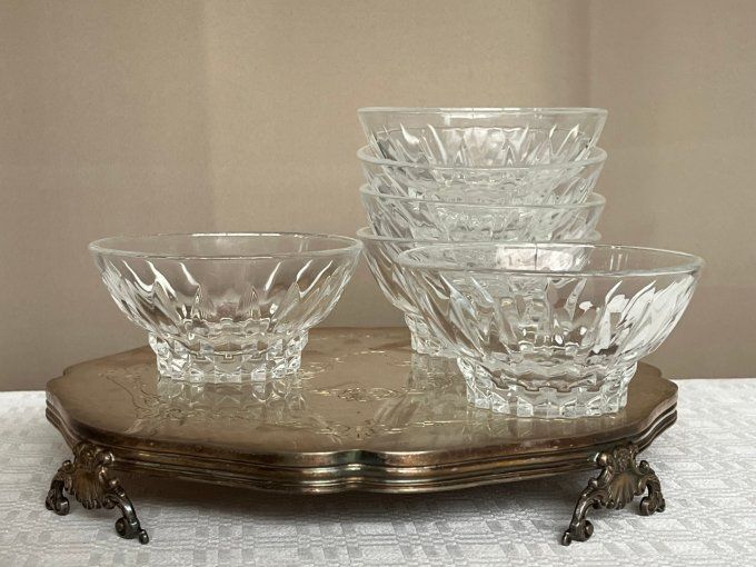 6 Coupelles à fruits, à dessert en cristal taillé d'Arques, vintage