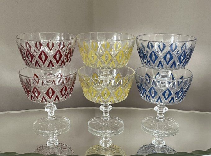 6 coupes à champagne ou à dessert, modèle Arlequin, verres de Reims