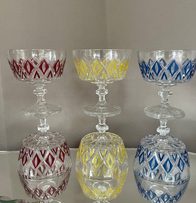 6 coupes à champagne ou à dessert, modèle Arlequin, verres de Reims