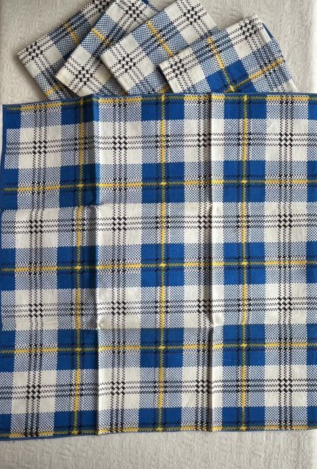 6 serviettes de table vintage, tons bleu et jaune, Neuves